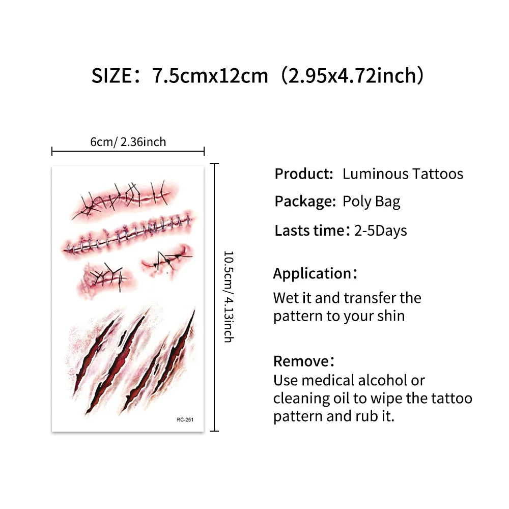 16 Pcs Halloween 3D Fake Scar Temporary Tattoos - Bloody Wound & Zombie Designs for Face/Body, Costume Party, Prank & Cosplay​