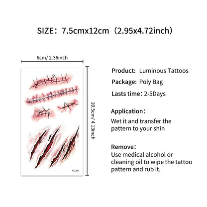 16 Pcs Halloween 3D Fake Scar Temporary Tattoos - Bloody Wound & Zombie Designs for Face/Body, Costume Party, Prank & Cosplay​