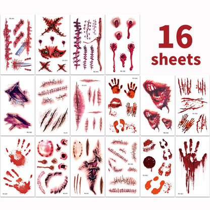 16 Pcs Halloween 3D Fake Scar Temporary Tattoos - Bloody Wound & Zombie Designs for Face/Body, Costume Party, Prank & Cosplay​