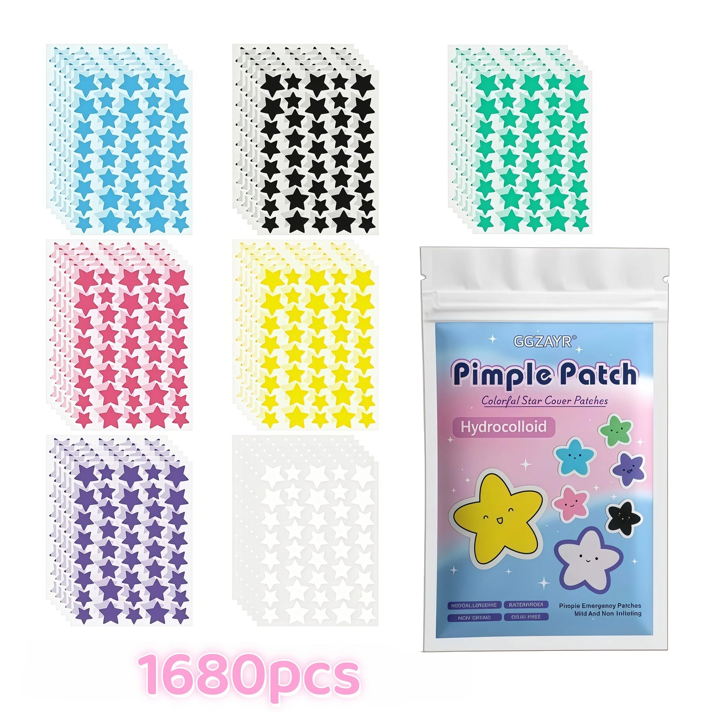 280/1120/1680Pcs Seven-Color Star Pimple Patches – Invisible Hydrocolloid Dots for Fun & Gentle Skincare