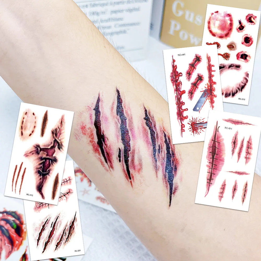 16 Pcs Halloween 3D Fake Scar Temporary Tattoos - Bloody Wound & Zombie Designs for Face/Body, Costume Party, Prank & Cosplay​