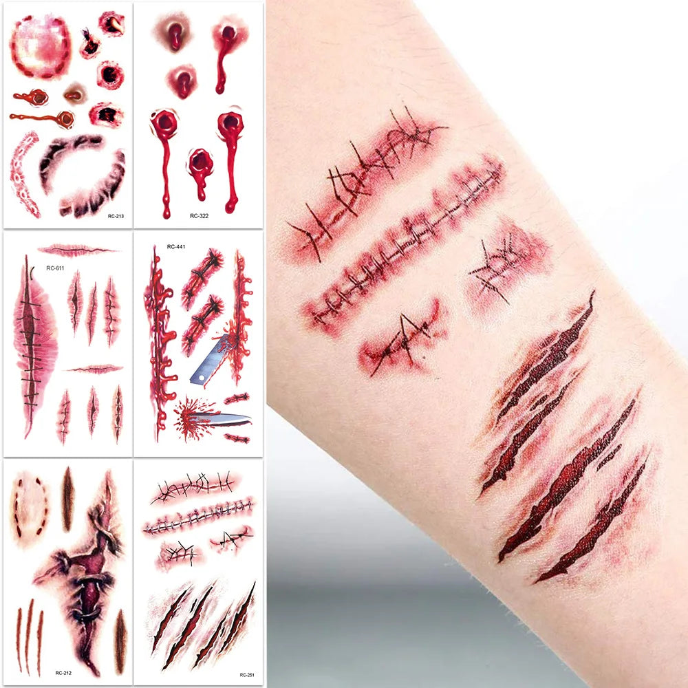 16 Pcs Halloween 3D Fake Scar Temporary Tattoos - Bloody Wound & Zombie Designs for Face/Body, Costume Party, Prank & Cosplay​
