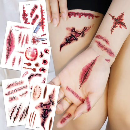 16 Pcs Halloween 3D Fake Scar Temporary Tattoos - Bloody Wound & Zombie Designs for Face/Body, Costume Party, Prank & Cosplay​