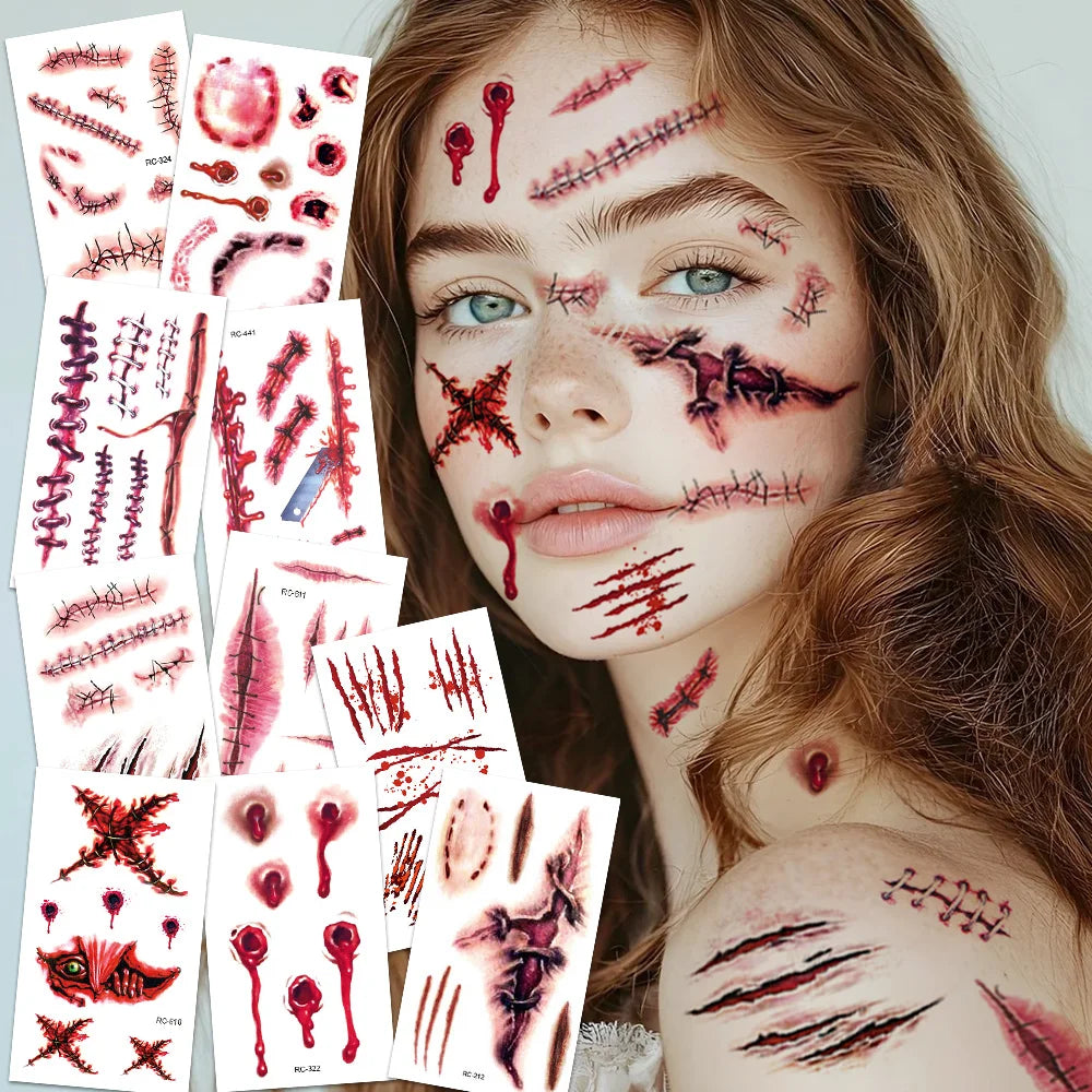 16 Pcs Halloween 3D Fake Scar Temporary Tattoos - Bloody Wound & Zombie Designs for Face/Body, Costume Party, Prank & Cosplay​
