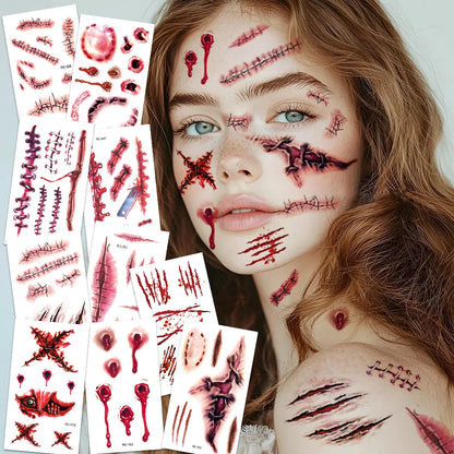 16 Pcs Halloween 3D Fake Scar Temporary Tattoos - Bloody Wound & Zombie Designs for Face/Body, Costume Party, Prank & Cosplay​