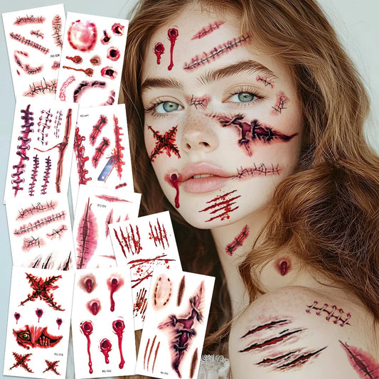16 Pcs Halloween 3D Fake Scar Temporary Tattoos - Bloody Wound & Zombie Designs for Face/Body, Costume Party, Prank & Cosplay​