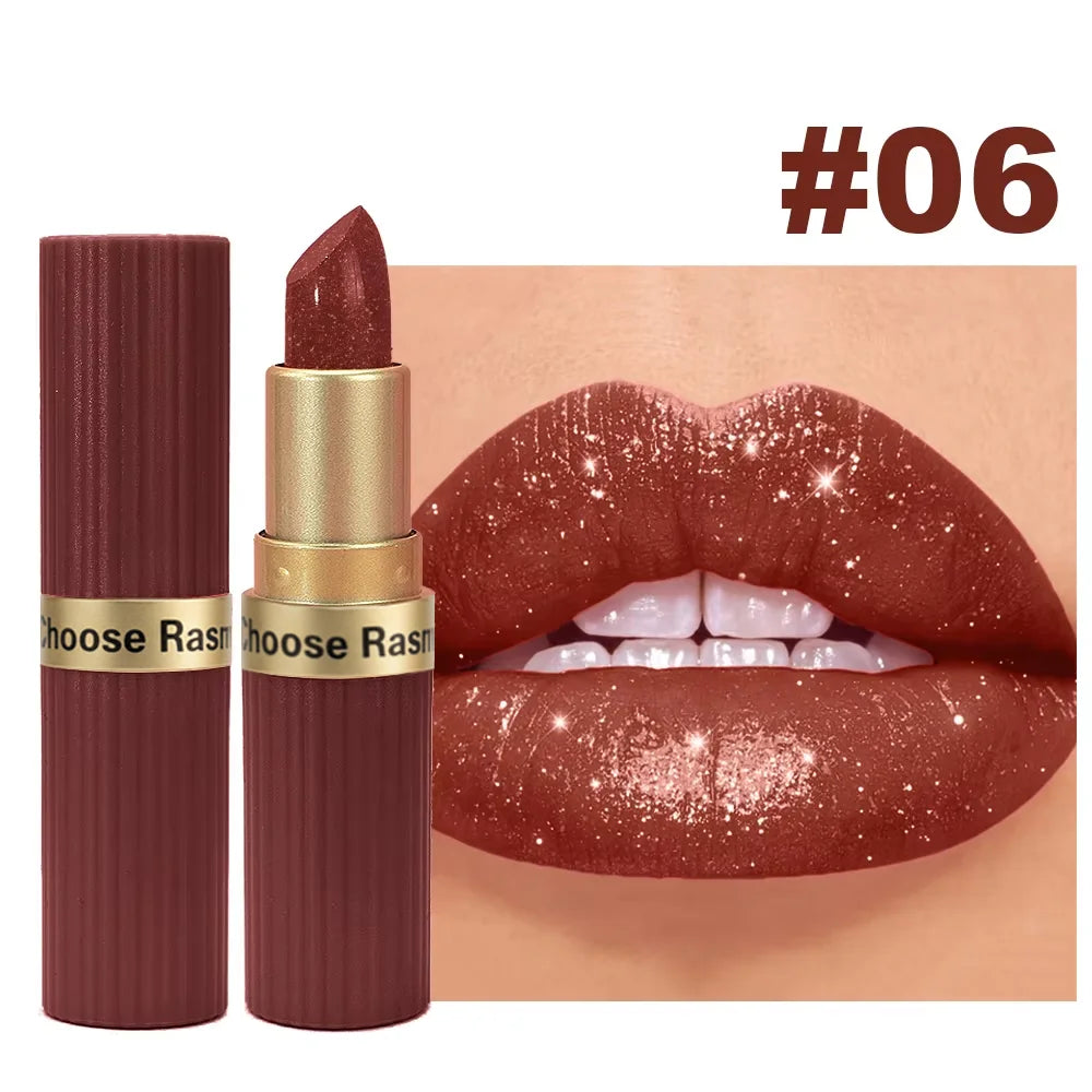 Pearlescent Pink Glitter Velvet Lipstick Metallic Waterproof Long Lasting Matte Shimmer Diamond Lipstick Women Makeup Cosmetic
